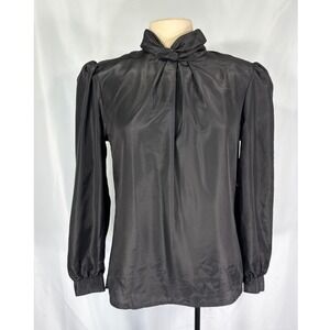Pykettes VTG 70s Black Satin High Neck Puff Sleeve Secretary Blouse Top Shirt M